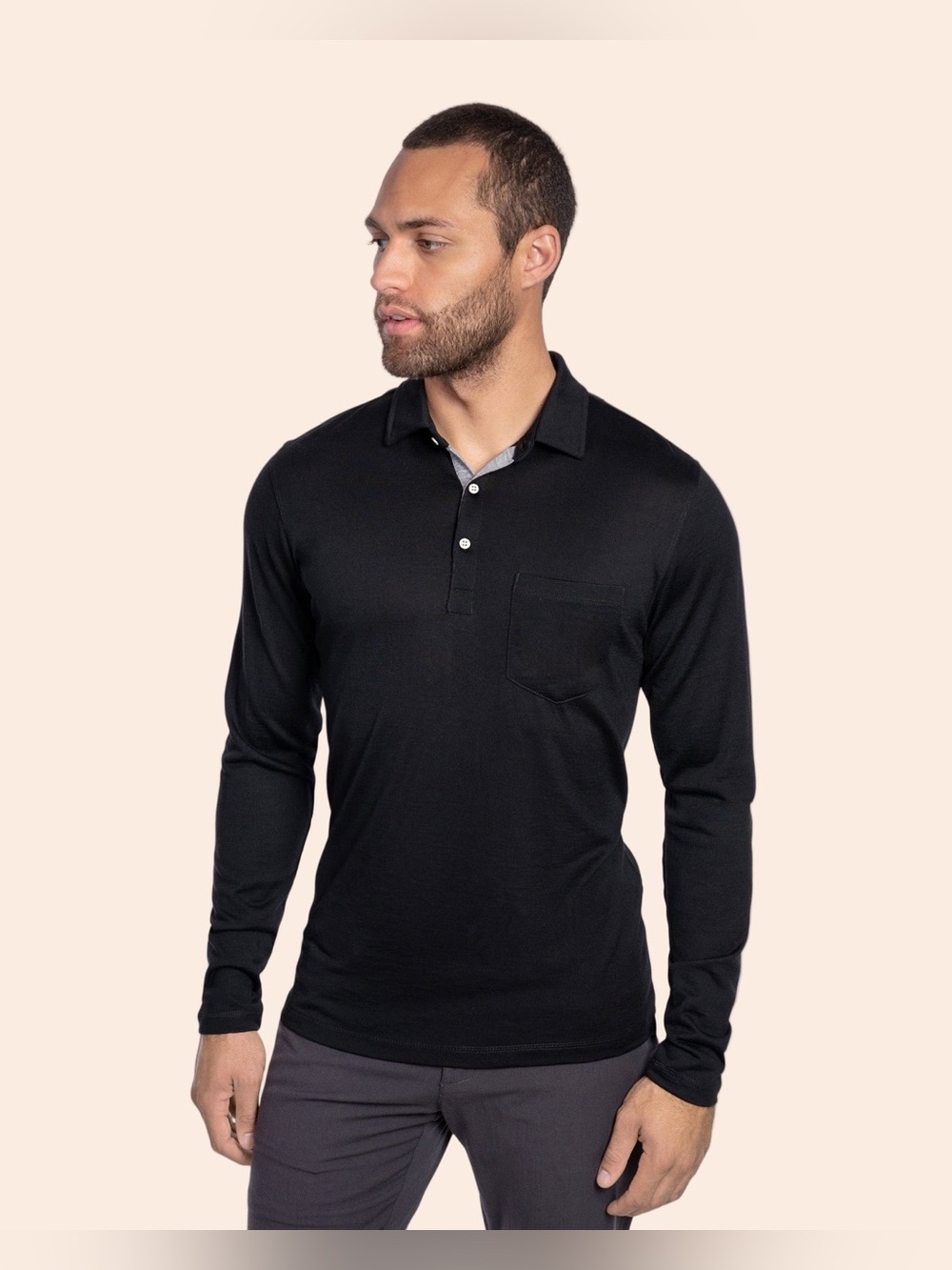 Woolly 100% Merino Wool Everyday Rugby Polo Shirt Men's M Black Long Sleeve